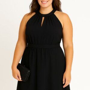 DKNY Black Sheath Dress Sz M Beaded Neckline Career Cocktail Party Tie Belt Midi